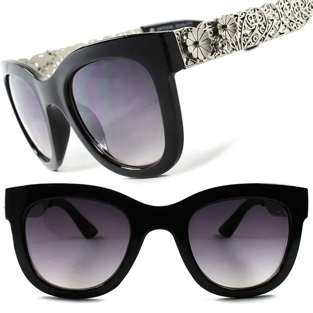 Silver Metal Etching Floral Temples Design Modern Stylish Womens Hot Sunglasses